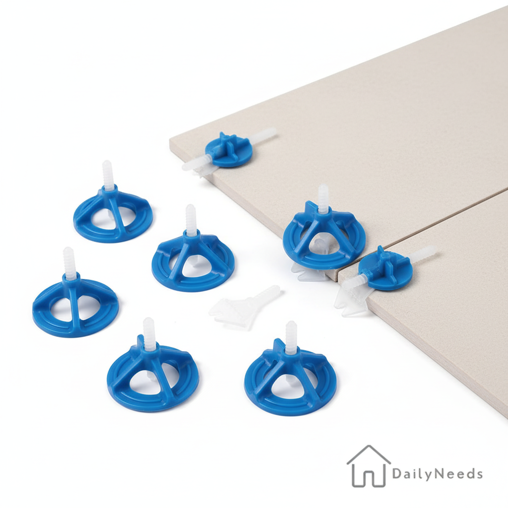 Blauwe tegelnivelleringssysteem clips op witte achtergrond