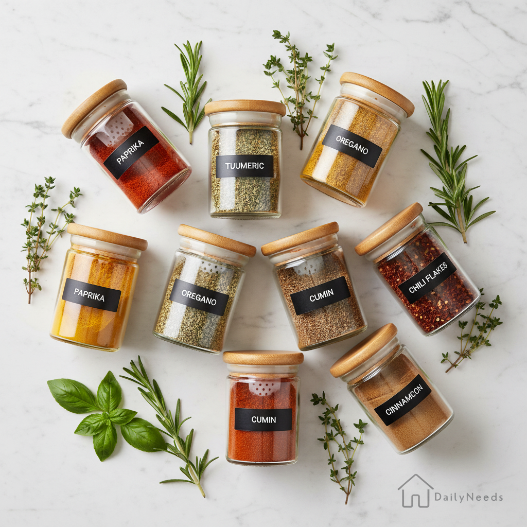 Flat lay van glazen kruidenpotjes met stroooidop